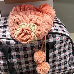 Peach Knit Beanie with Pom Poms